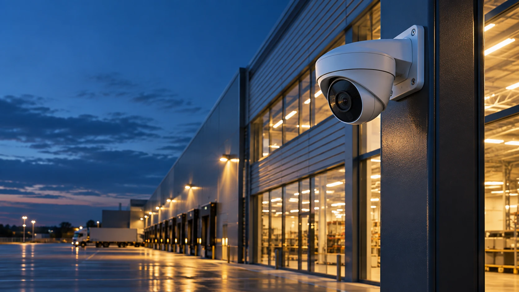Security camera protecting a commercial building